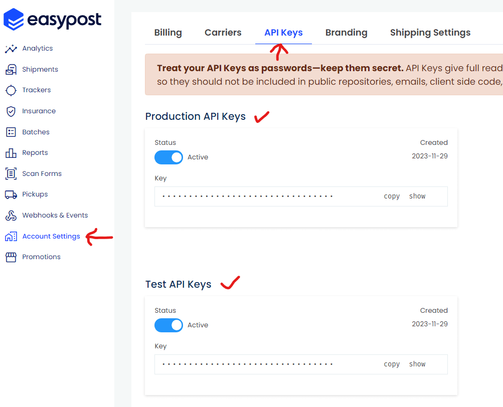 EasyPost Test and Production API Key