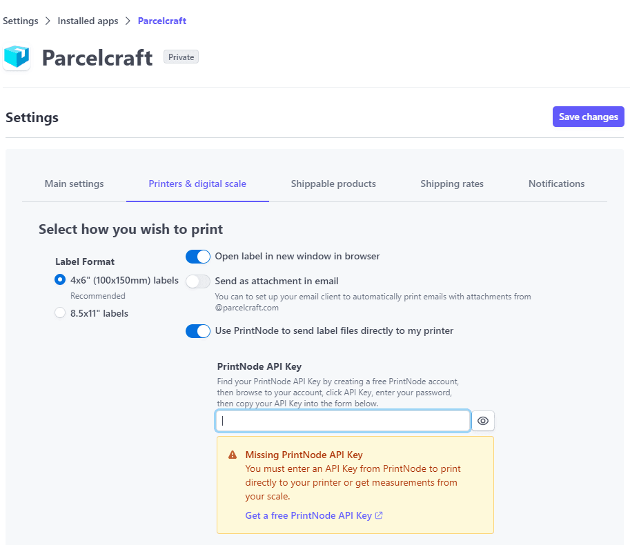 PrintNode API Key in Parcelcraft