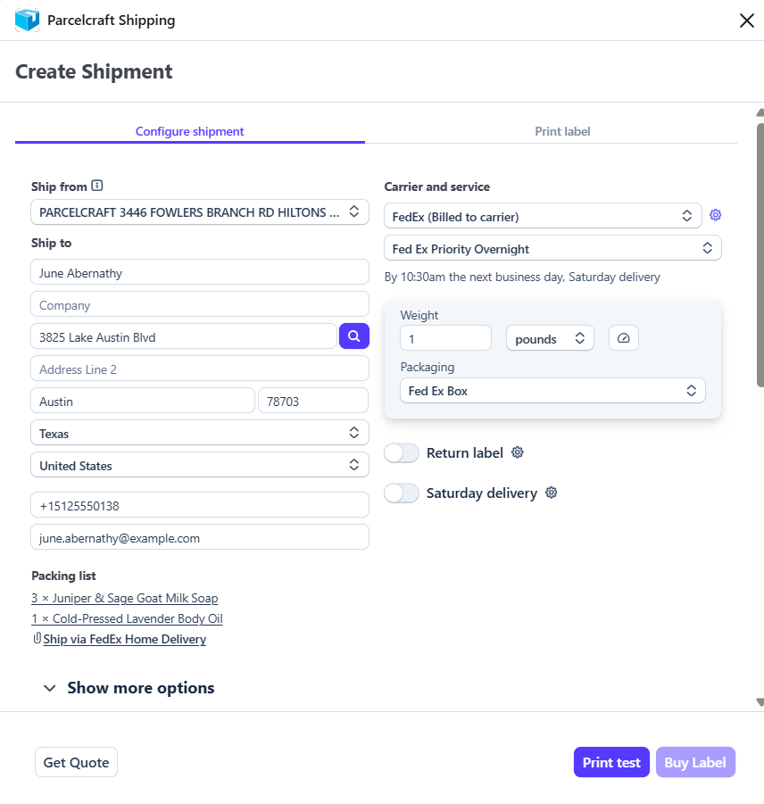 Configure a single shipment