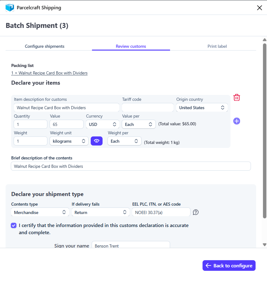 The Review customs step for a batch