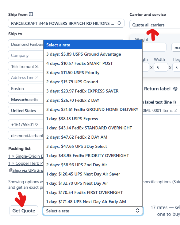 Get quotes from all carriers and select rates