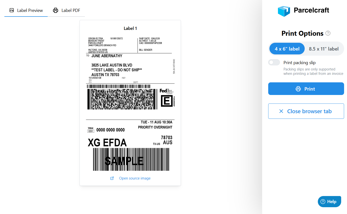 The print page with label preview and options