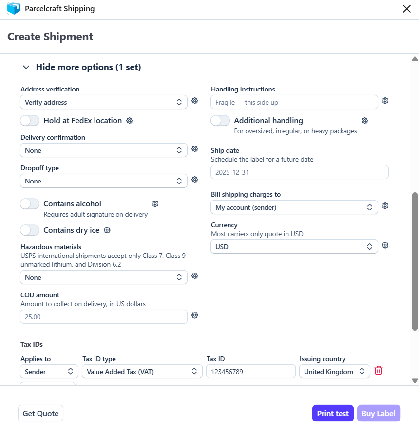 The expanded shipment options list
