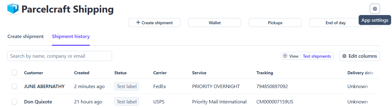 The Shipment history tab in the full-page app