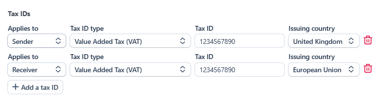 The Tax IDs section on a shipment