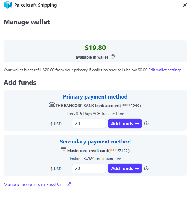 Manage wallet: balance, auto-refill rule, and adding funds